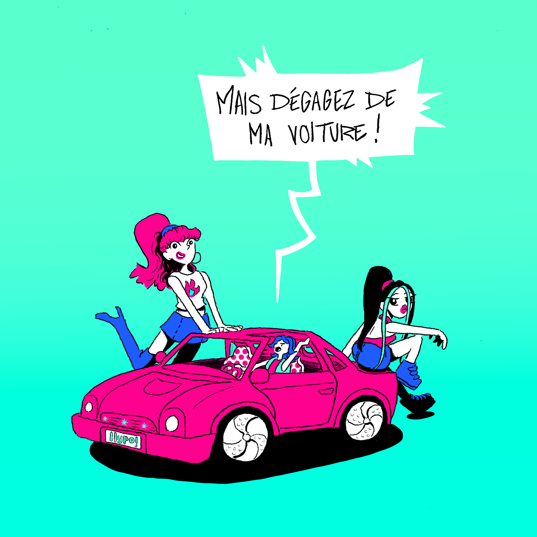 illustration Aventures humoristiques en voiture rose